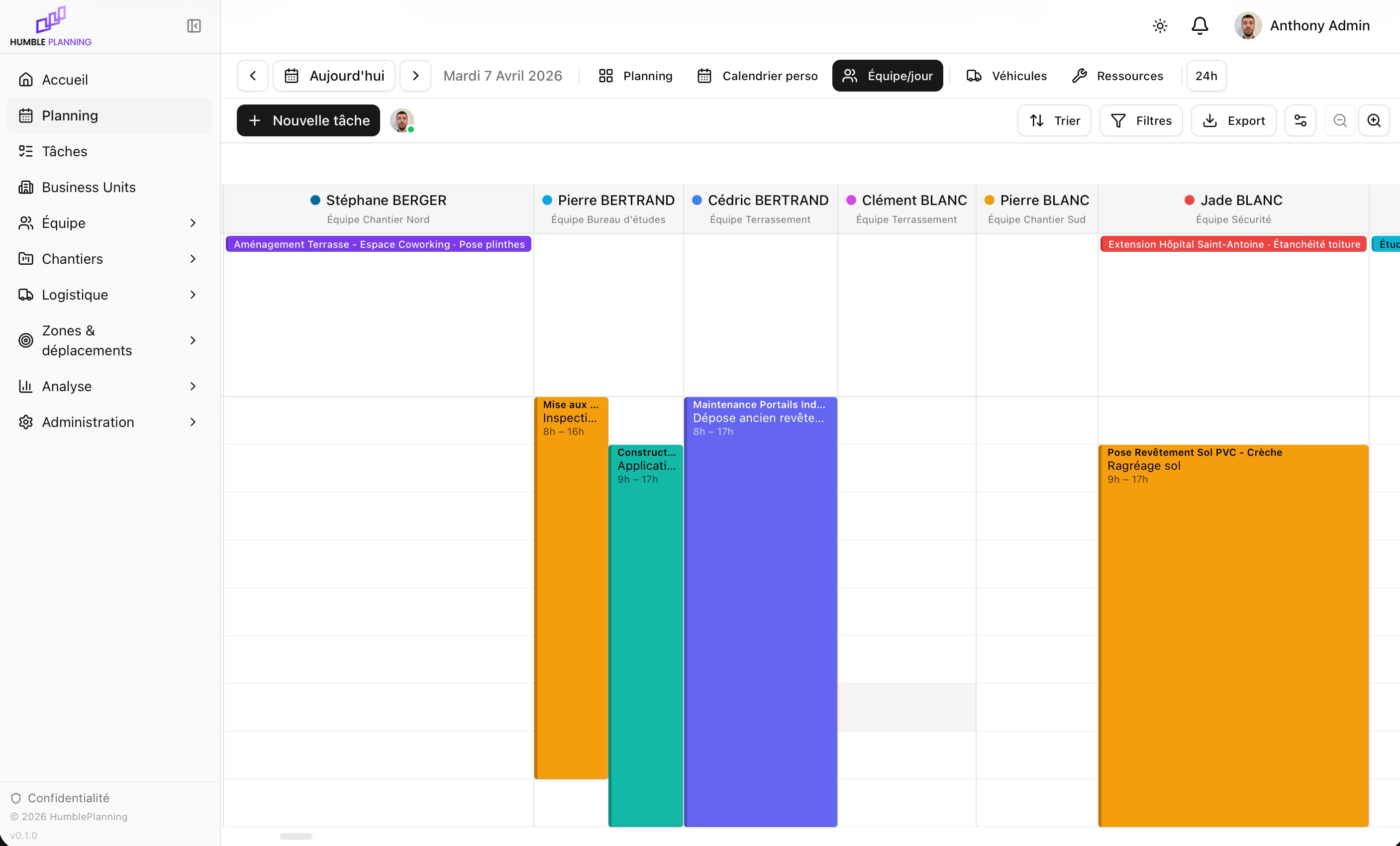 Humble Planning — Team calendar view with daily planning per user and task management