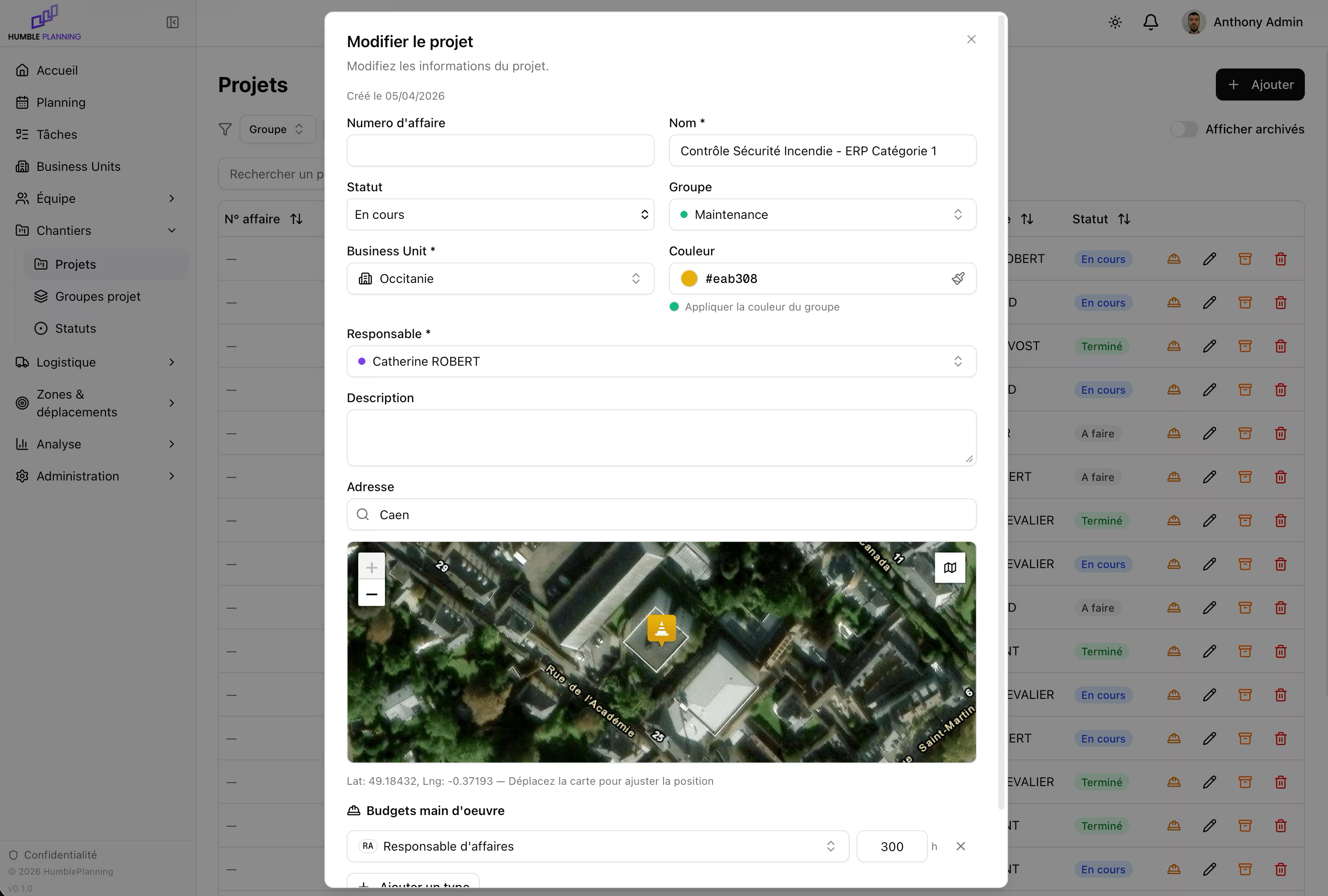 Humble Planning — Project editing form with budget, owner, group and hour tracking